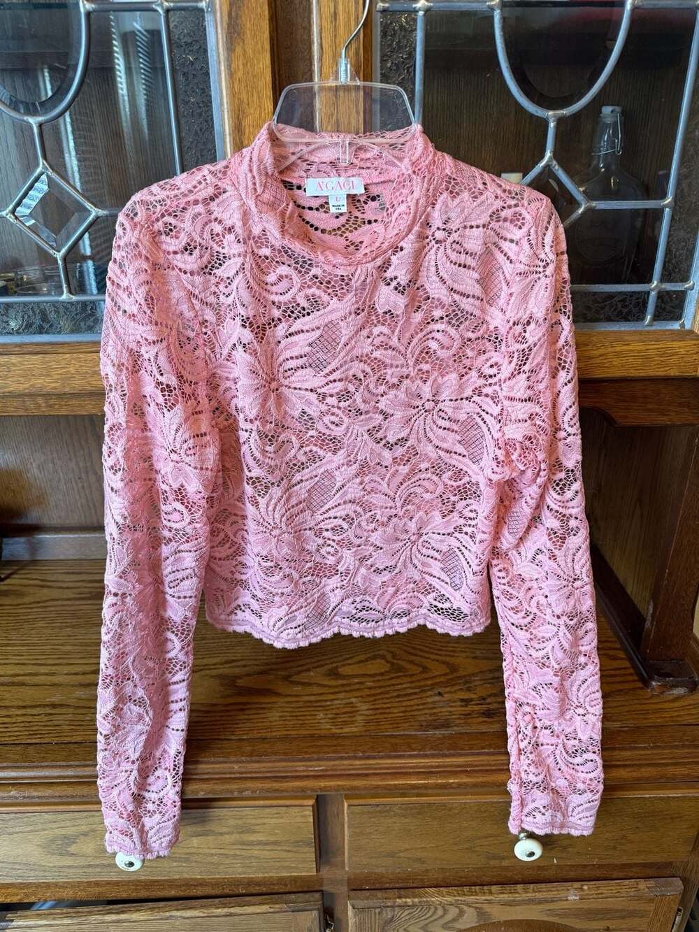 A’GACI Pink Sheer Floral Lace Mock Neck Crop Top Large Long Sleeve